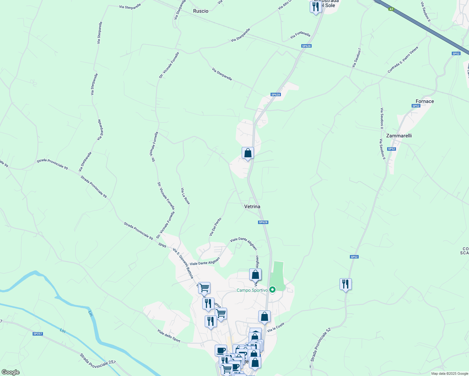 map of restaurants, bars, coffee shops, grocery stores, and more near 13 Contrada Vetrine in Provincia di Frosinone