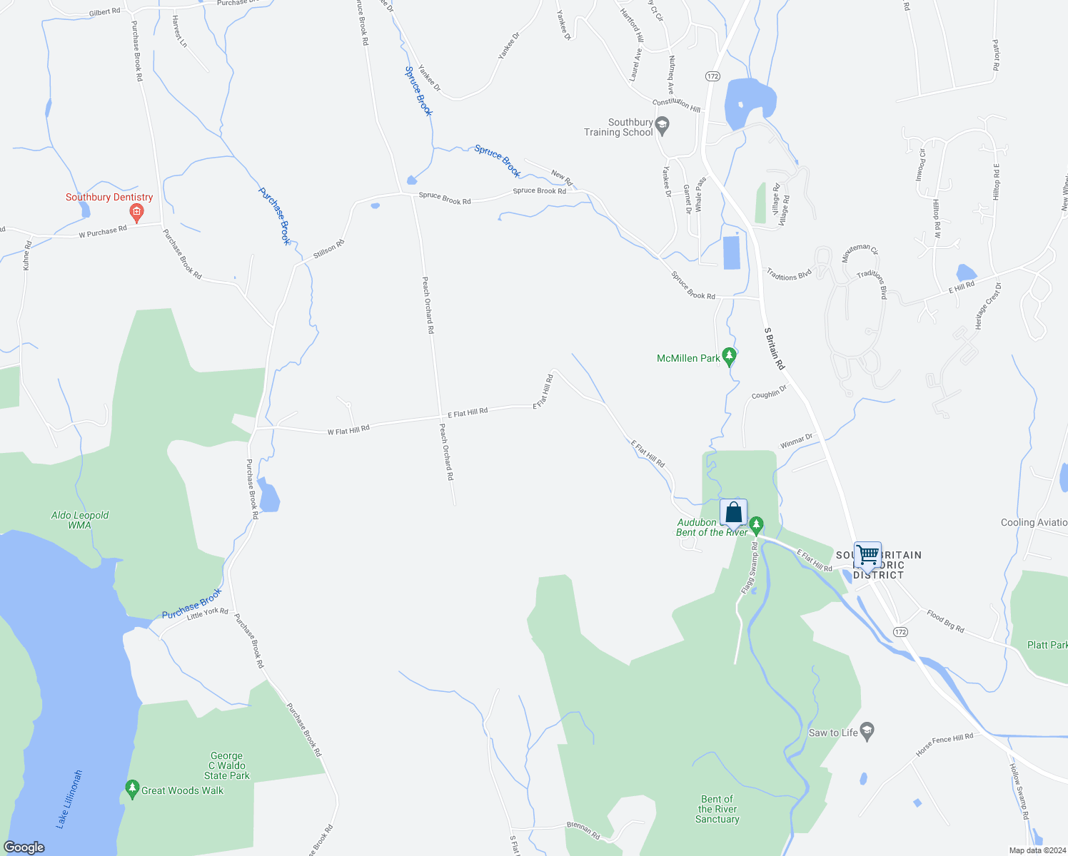 map of restaurants, bars, coffee shops, grocery stores, and more near 715 East Flat Hill Road in Southbury