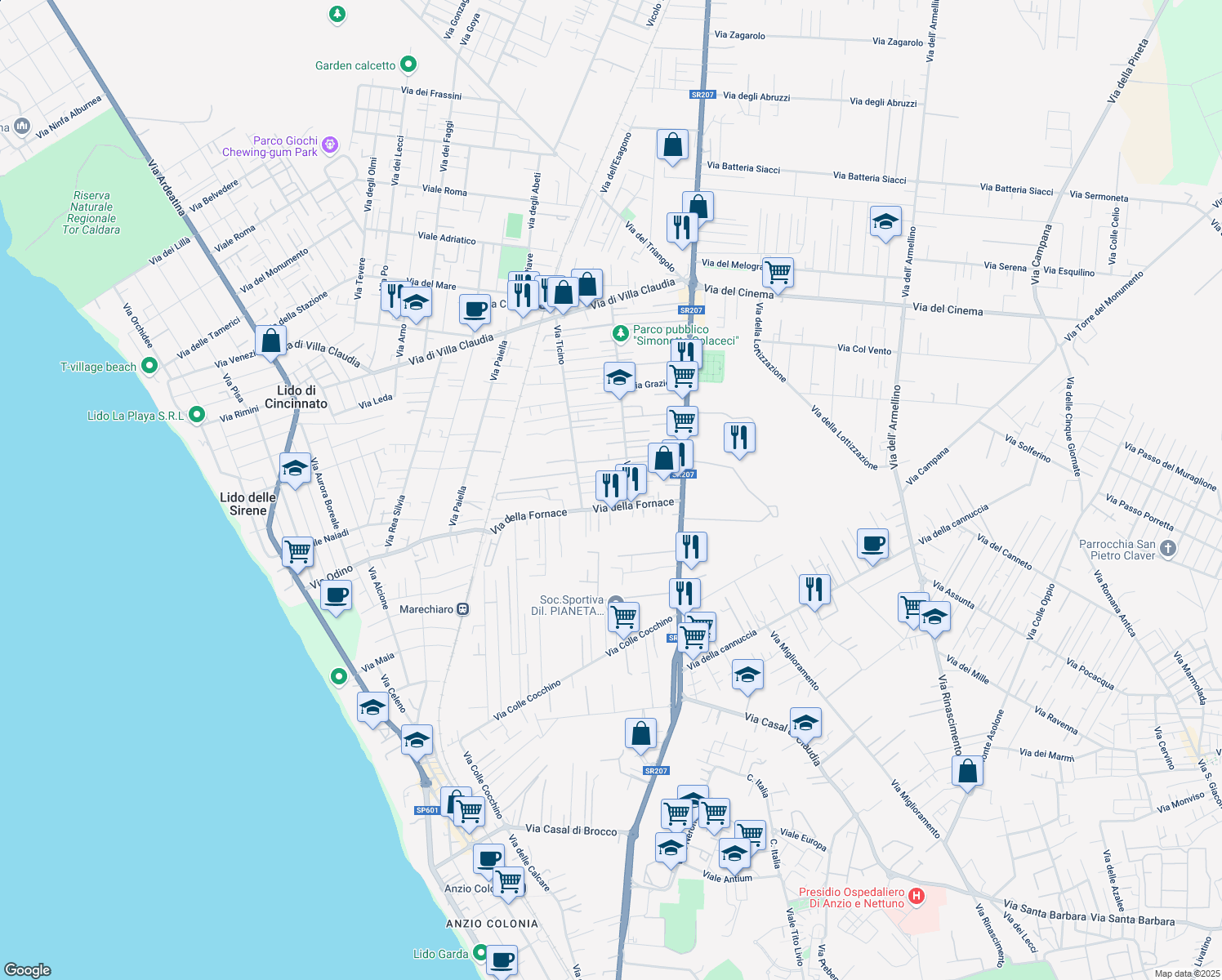map of restaurants, bars, coffee shops, grocery stores, and more near 95 Via Ticino in Anzio