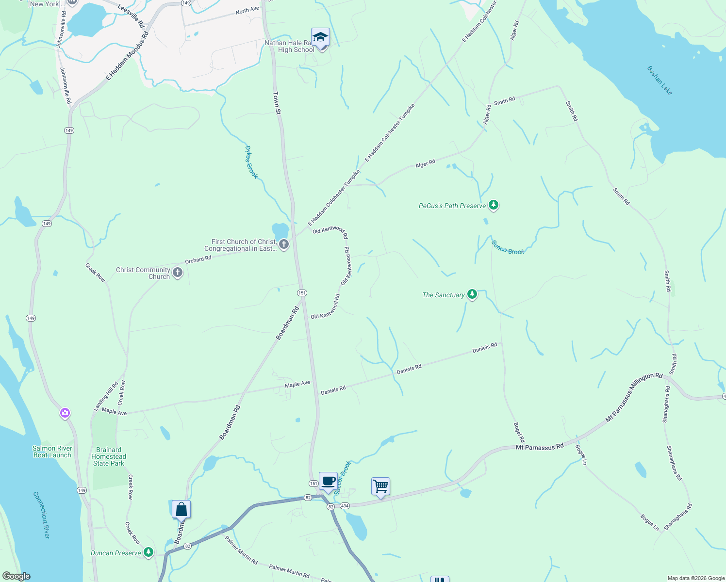 map of restaurants, bars, coffee shops, grocery stores, and more near 11 Casner Road in East Haddam