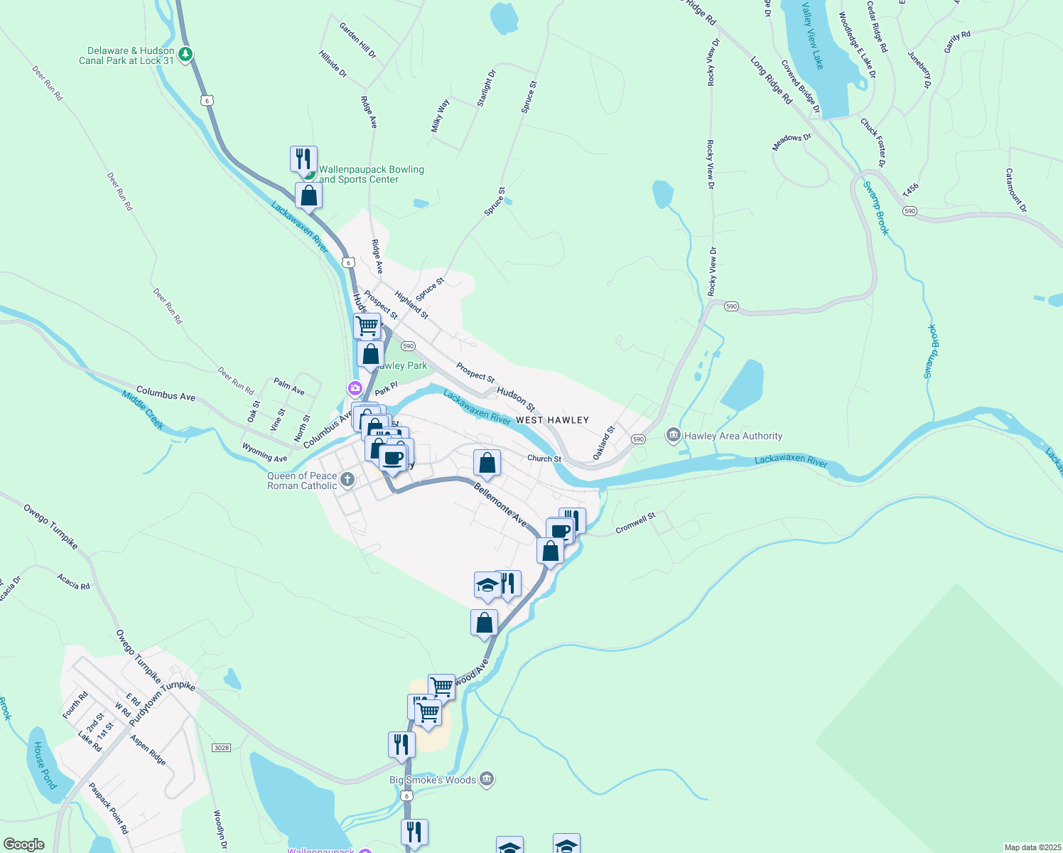 map of restaurants, bars, coffee shops, grocery stores, and more near 30 Settlers Village in Hawley