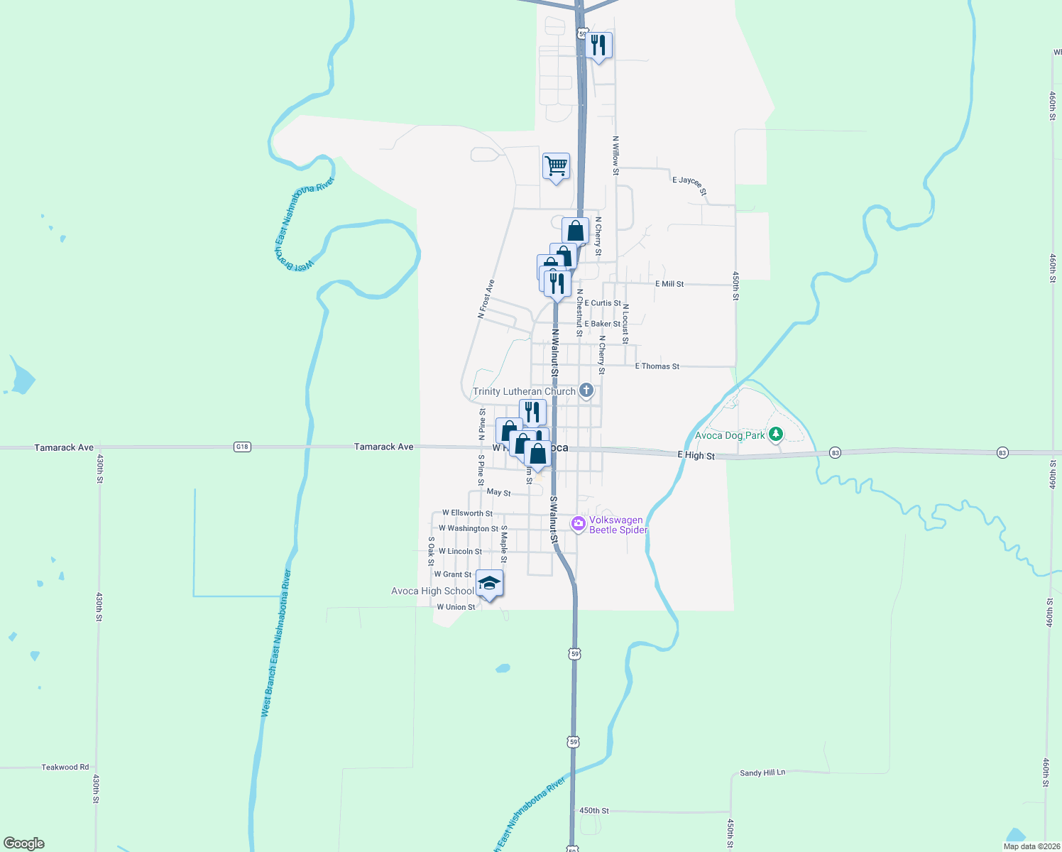 map of restaurants, bars, coffee shops, grocery stores, and more near 206 N Elm St in Avoca