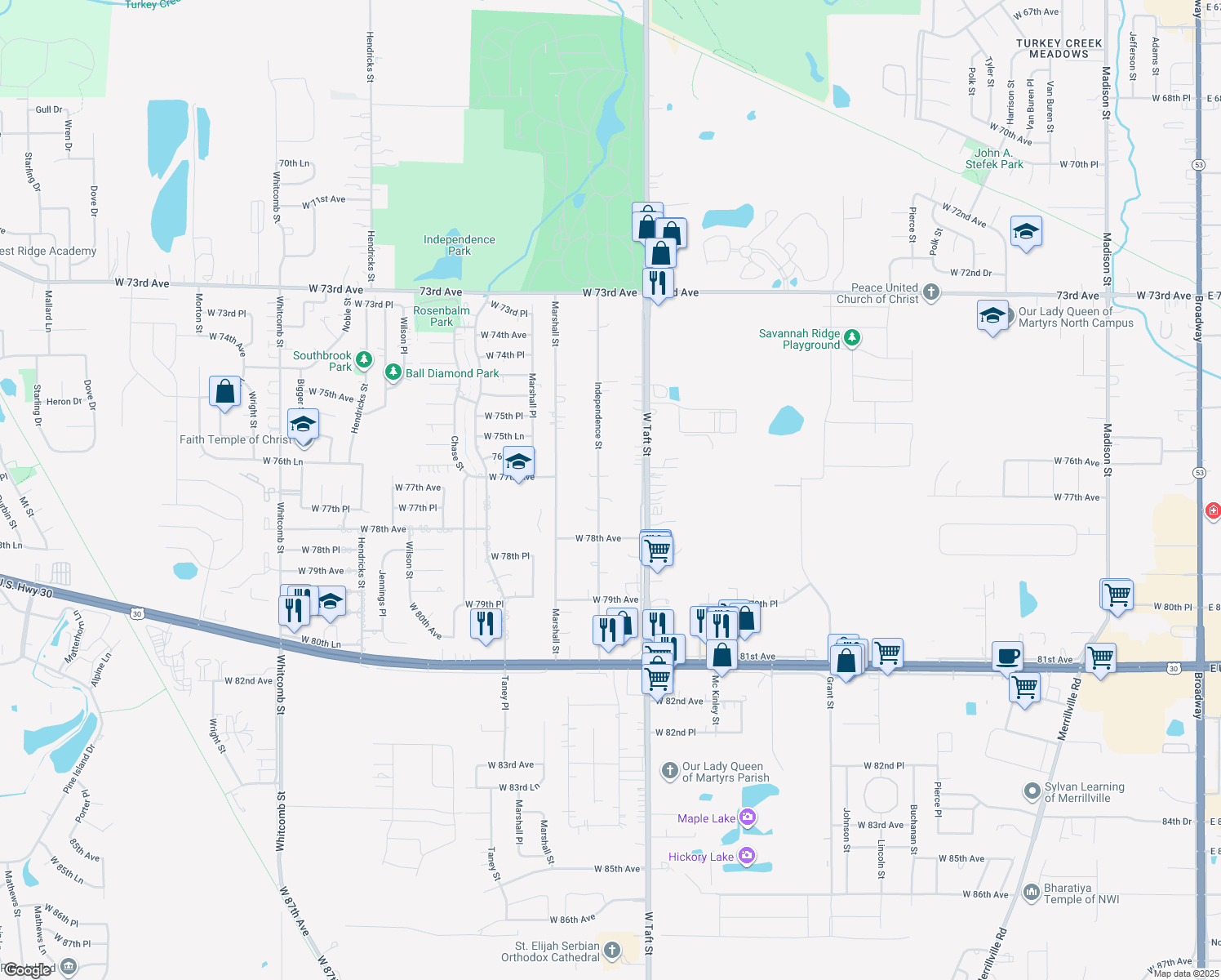 map of restaurants, bars, coffee shops, grocery stores, and more near 7703 Independence Street in Merrillville