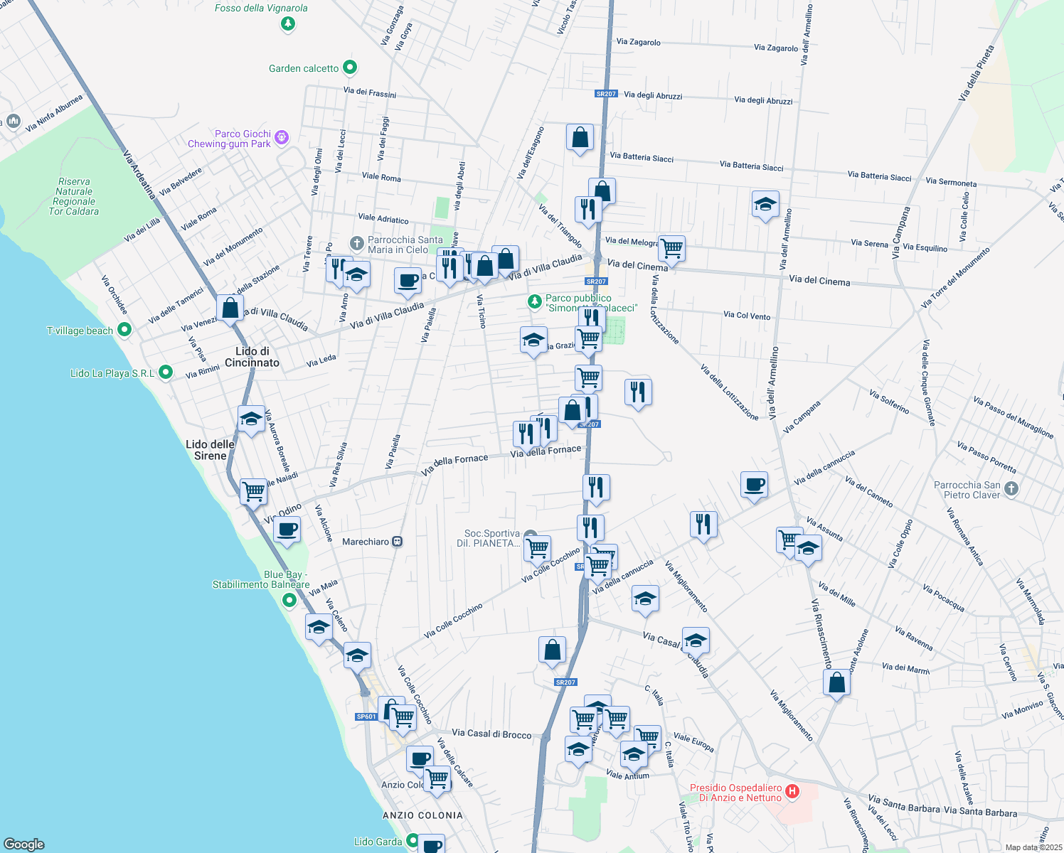 map of restaurants, bars, coffee shops, grocery stores, and more near 95 Via Ticino in Anzio