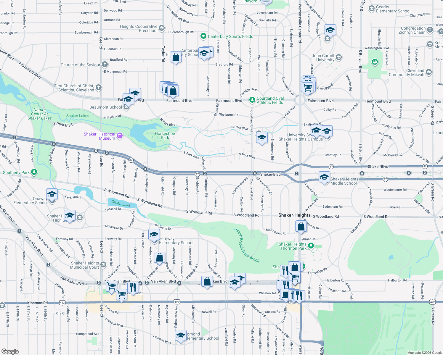 map of restaurants, bars, coffee shops, grocery stores, and more near 18850 Shaker Boulevard in Shaker Heights
