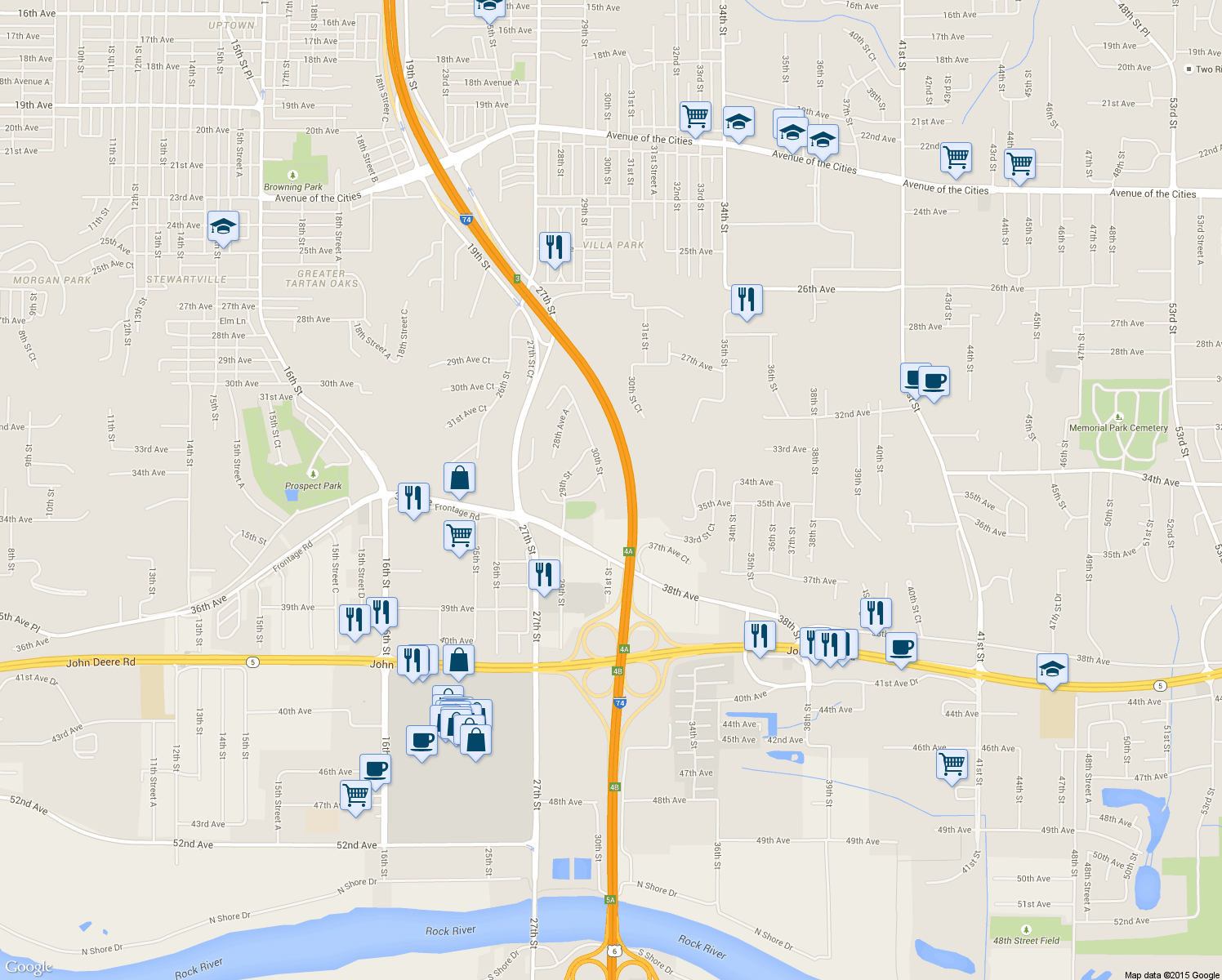 map of restaurants, bars, coffee shops, grocery stores, and more near 3212 30th St Ct in Moline
