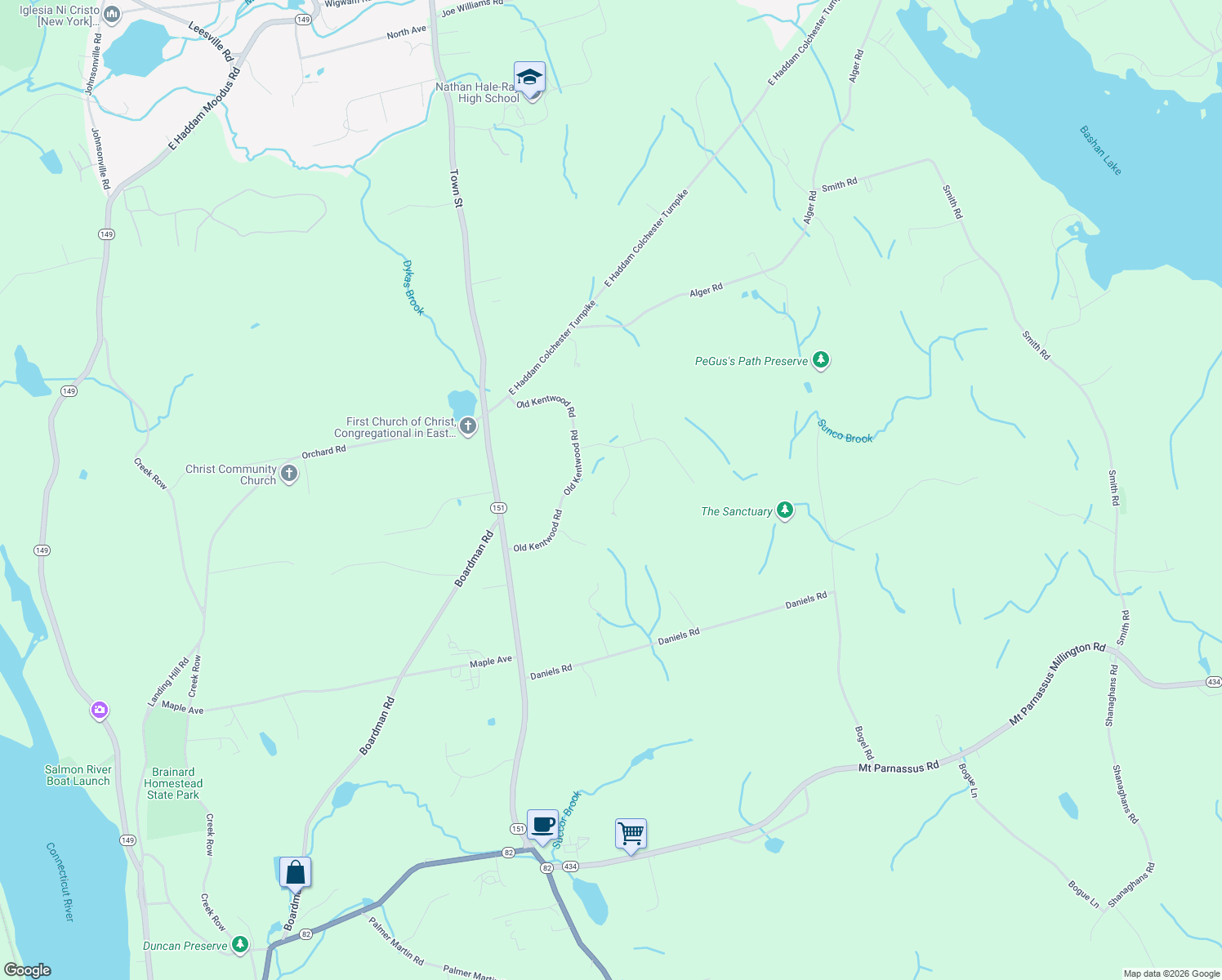map of restaurants, bars, coffee shops, grocery stores, and more near 11 Casner Road in East Haddam