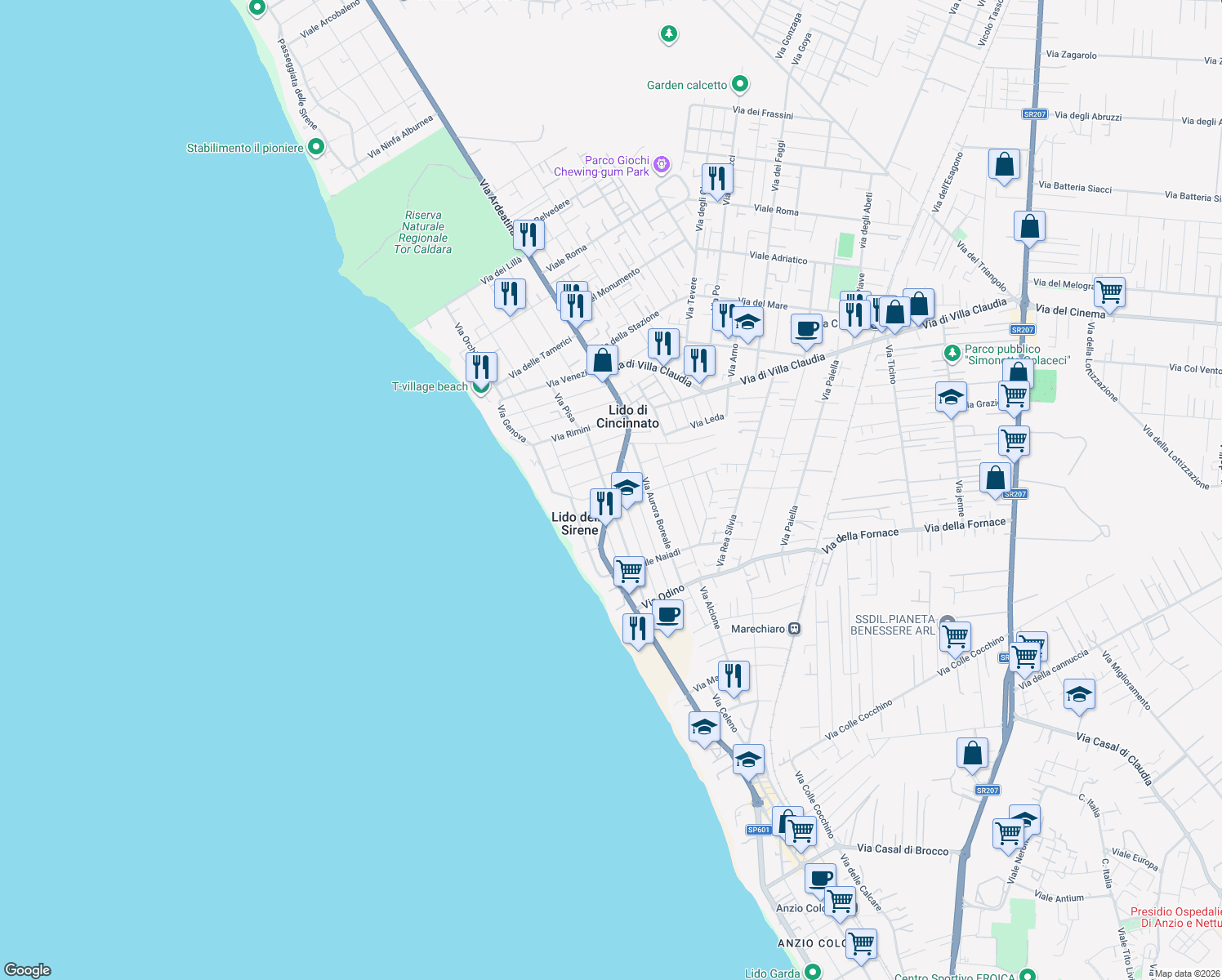 map of restaurants, bars, coffee shops, grocery stores, and more near 135 Via Ardeatina in Anzio