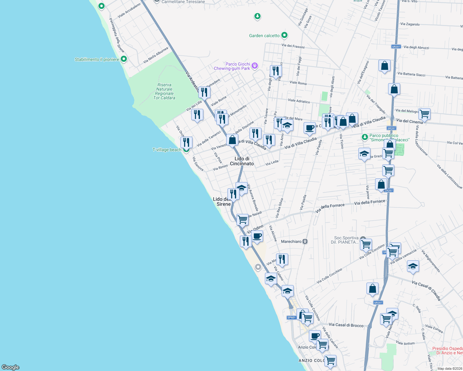 map of restaurants, bars, coffee shops, grocery stores, and more near 97 Via delle Castalidi in Anzio