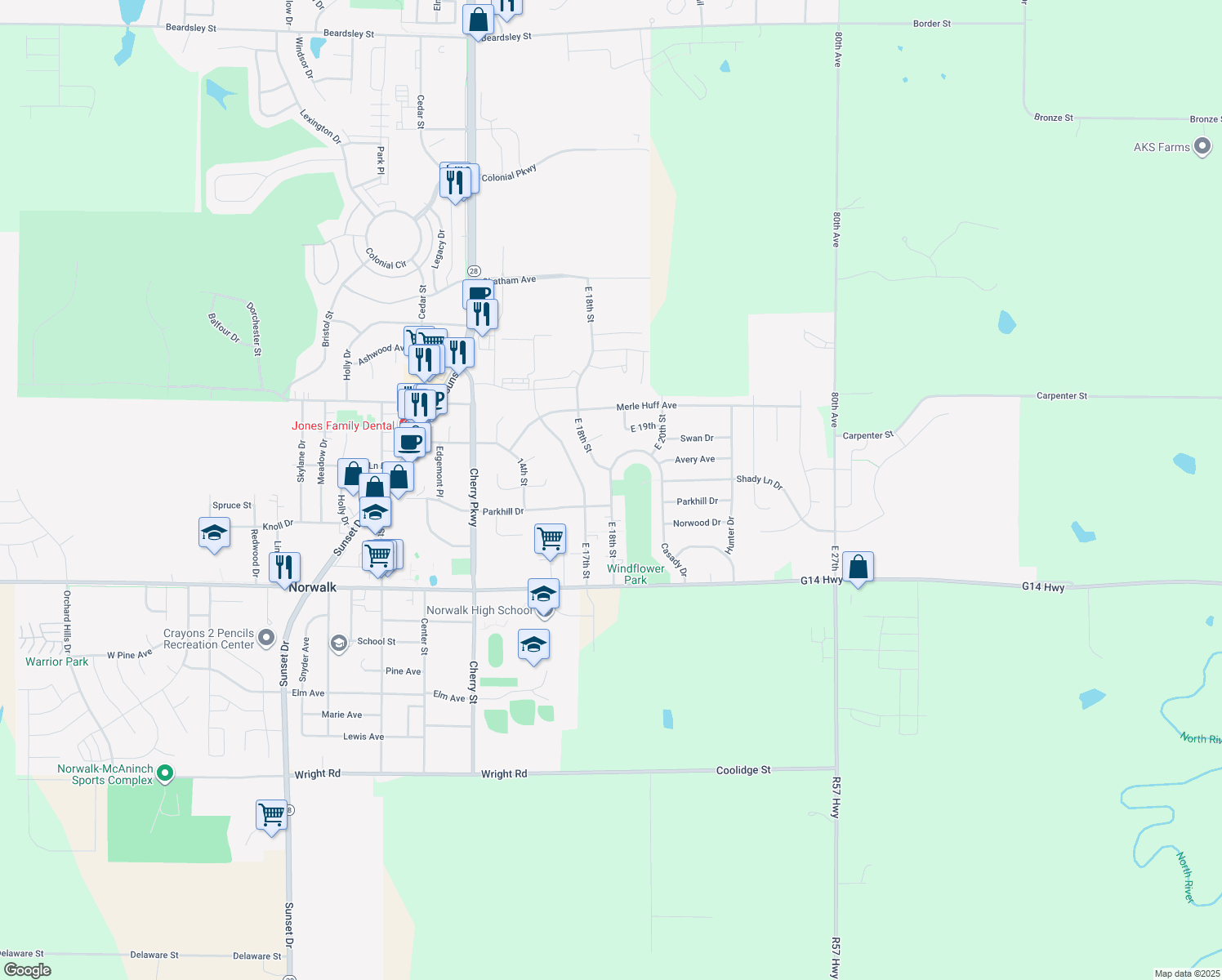map of restaurants, bars, coffee shops, grocery stores, and more near East 18th Street in Norwalk