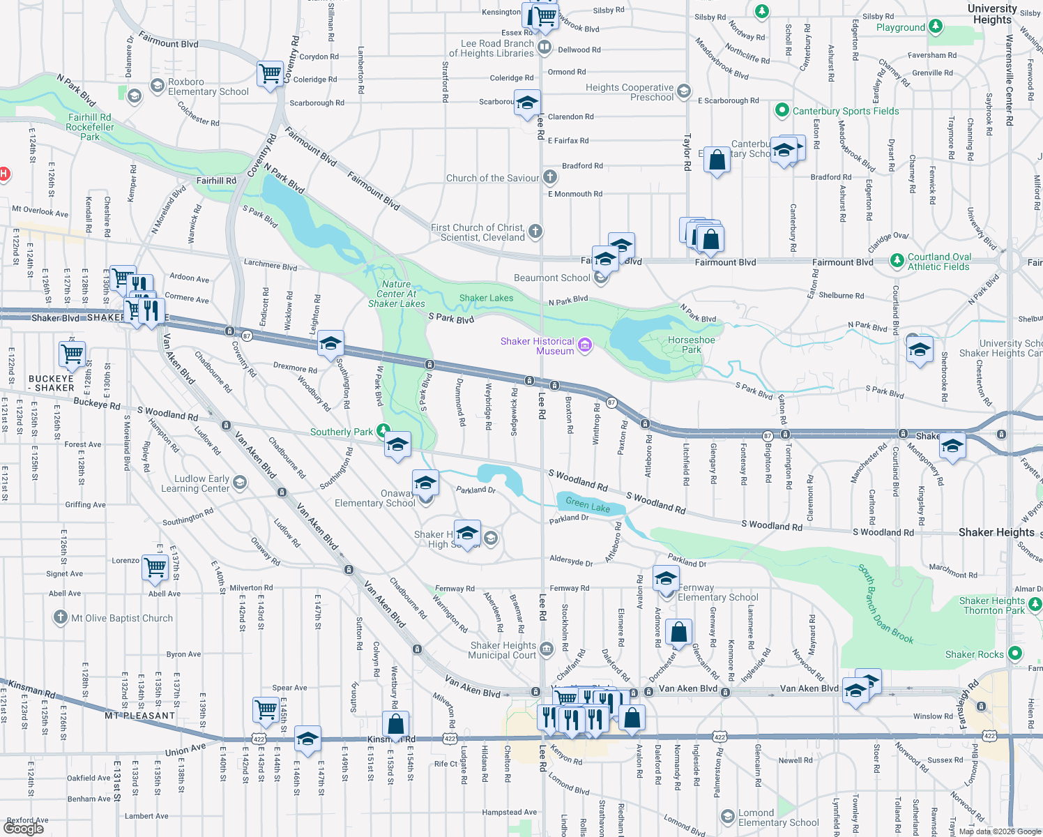 map of restaurants, bars, coffee shops, grocery stores, and more near 2866 Sedgewick Rd in Shaker Heights