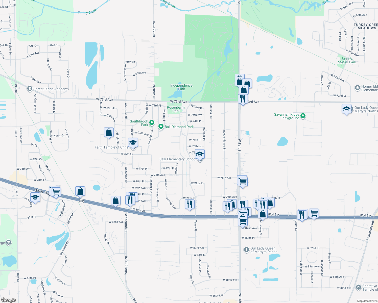 map of restaurants, bars, coffee shops, grocery stores, and more near 2966 West 76th Lane in Merrillville