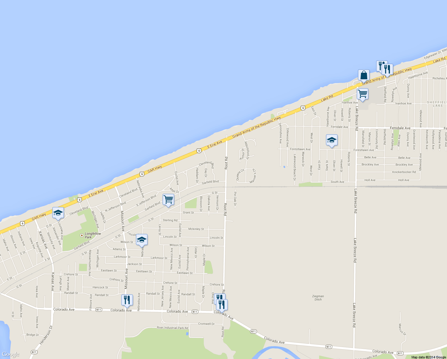 map of restaurants, bars, coffee shops, grocery stores, and more near 434 Root Road in Lorain