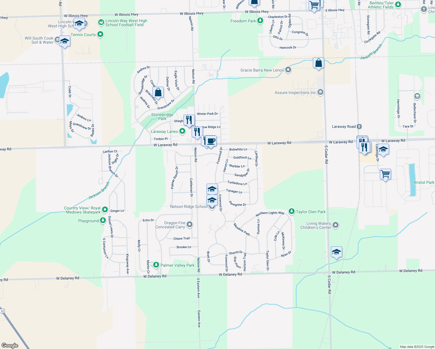 map of restaurants, bars, coffee shops, grocery stores, and more near 2296 Foxwood Drive in New Lenox