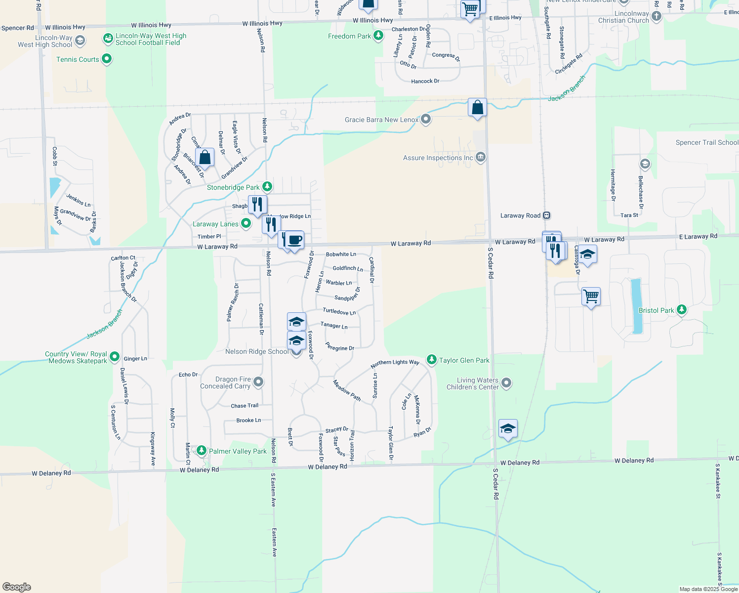 map of restaurants, bars, coffee shops, grocery stores, and more near 2263 Cardinal Drive in New Lenox