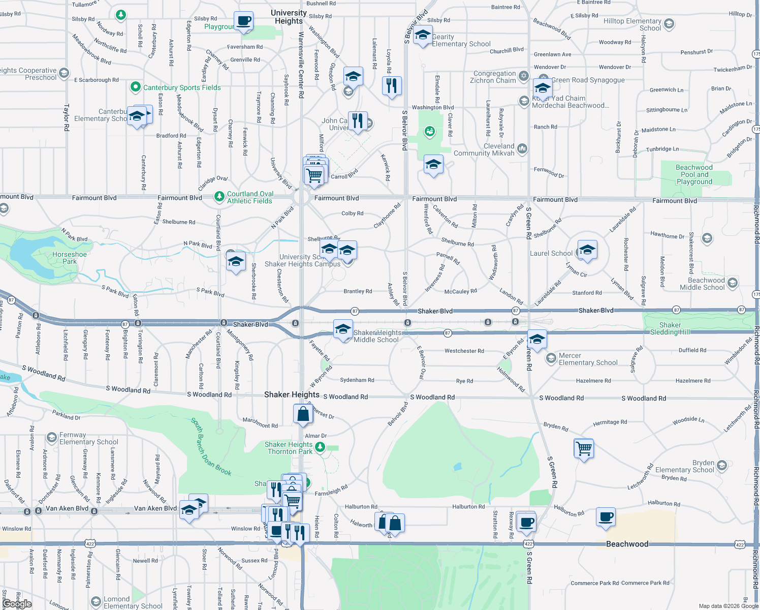map of restaurants, bars, coffee shops, grocery stores, and more near 21301 Shaker Boulevard in Shaker Heights