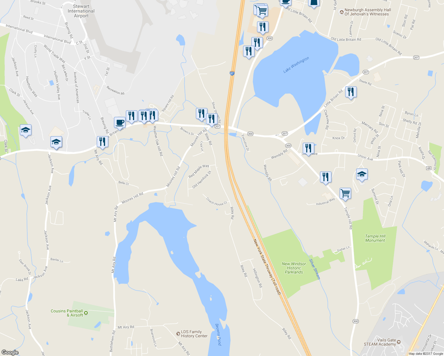 map of restaurants, bars, coffee shops, grocery stores, and more near 512 Riley Road in New Windsor