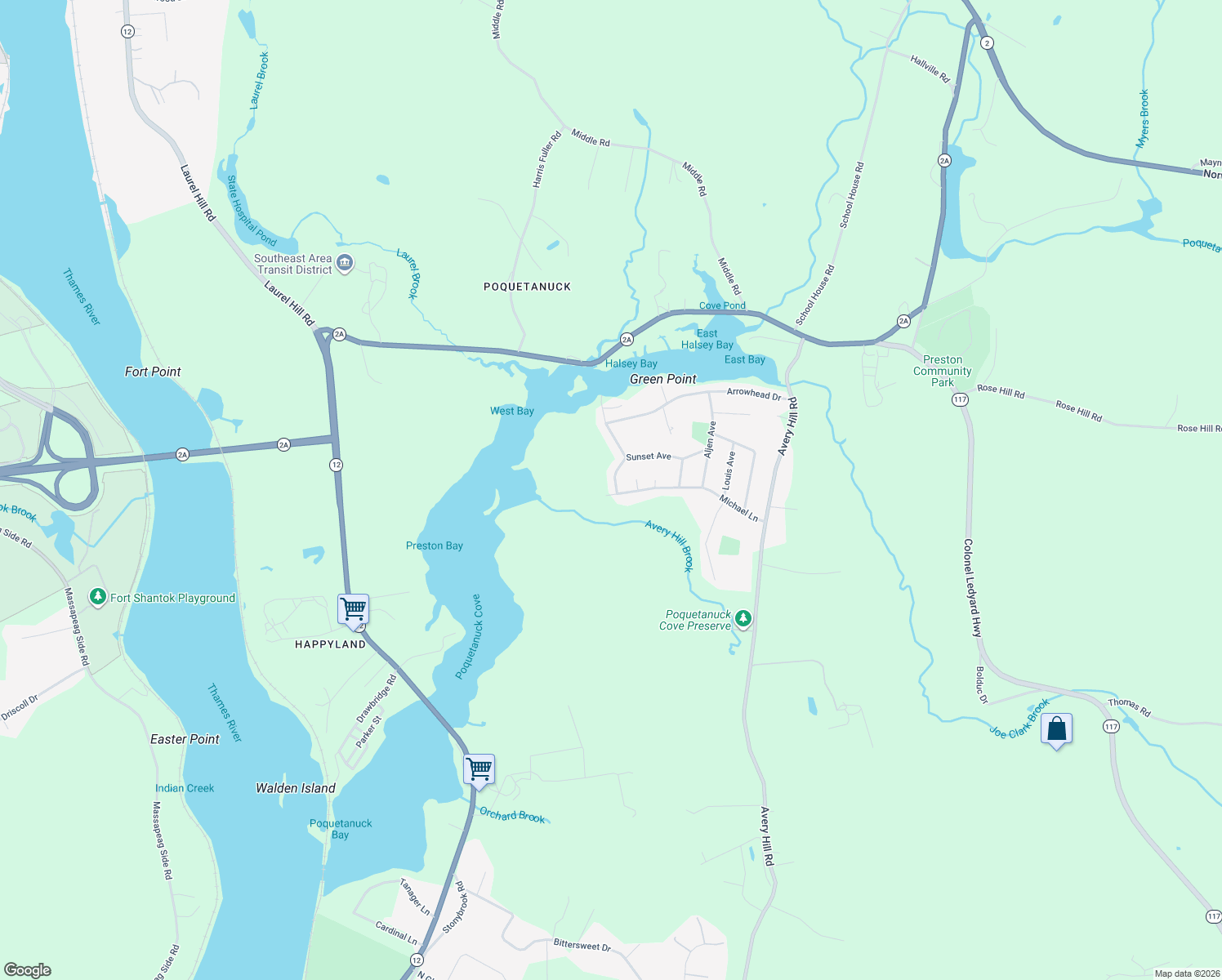 map of restaurants, bars, coffee shops, grocery stores, and more near 48 Michael Lane in Ledyard