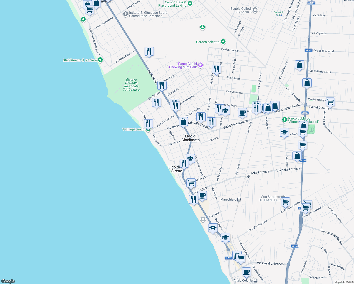 map of restaurants, bars, coffee shops, grocery stores, and more near 93B Via Portofino in Anzio