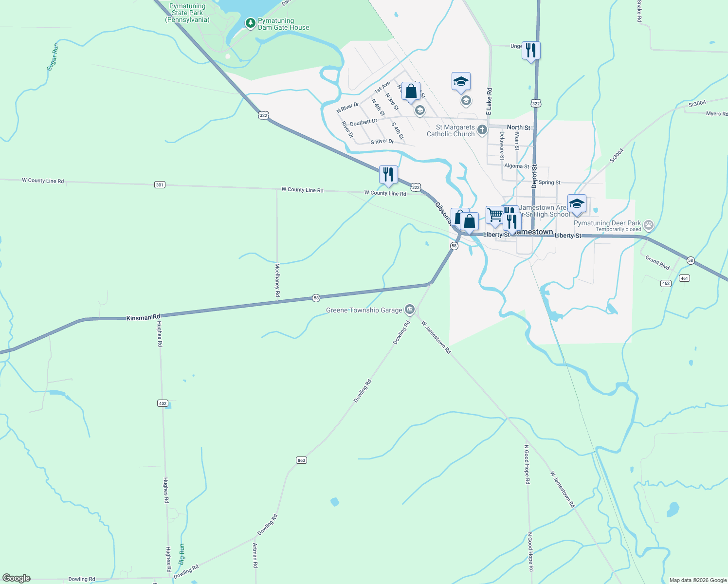 map of restaurants, bars, coffee shops, grocery stores, and more near 169 Kinsman Rd in Jamestown