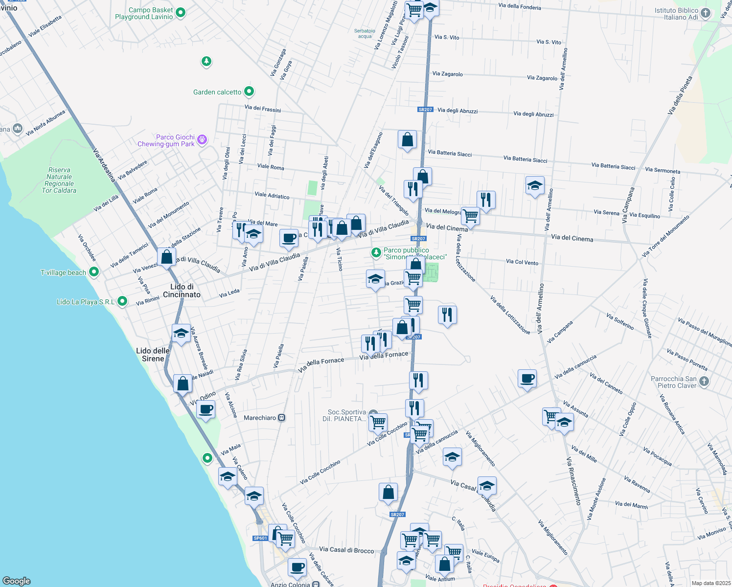 map of restaurants, bars, coffee shops, grocery stores, and more near 6 Via Fabio in Anzio