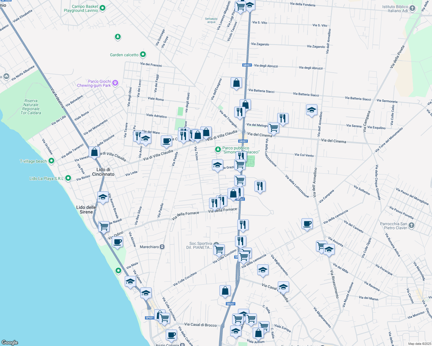 map of restaurants, bars, coffee shops, grocery stores, and more near 6 Via Fabio in Anzio