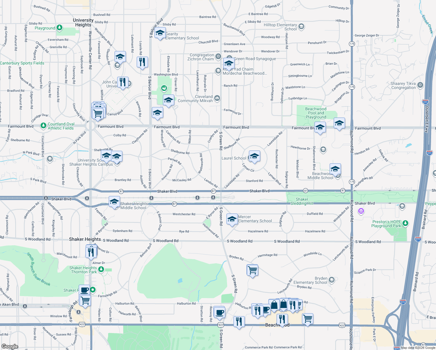 map of restaurants, bars, coffee shops, grocery stores, and more near 2730 Green Road in Shaker Heights