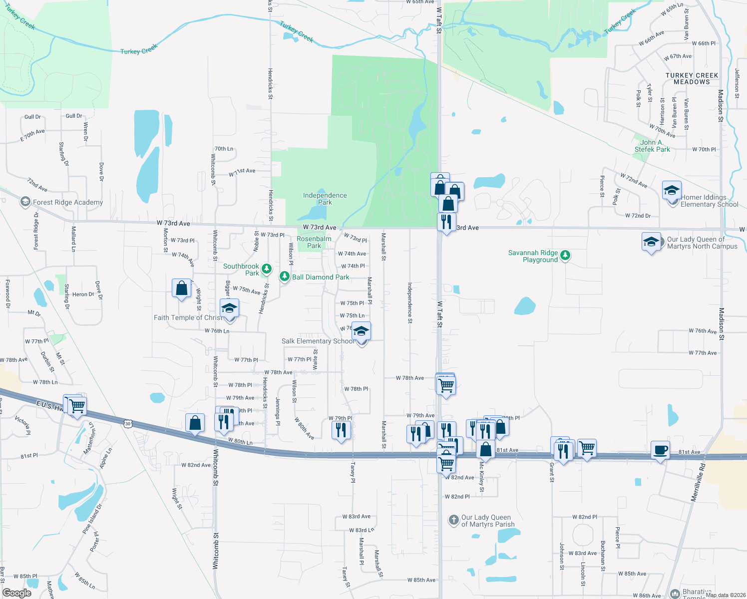 map of restaurants, bars, coffee shops, grocery stores, and more near 7525 Marshall Place in Merrillville