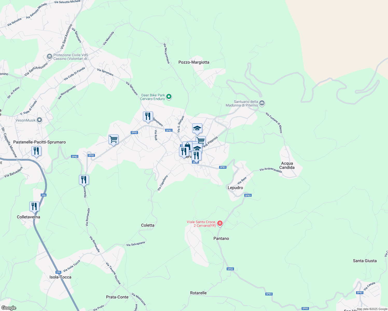 map of restaurants, bars, coffee shops, grocery stores, and more near 9A Piazza Casaburi in Cervaro