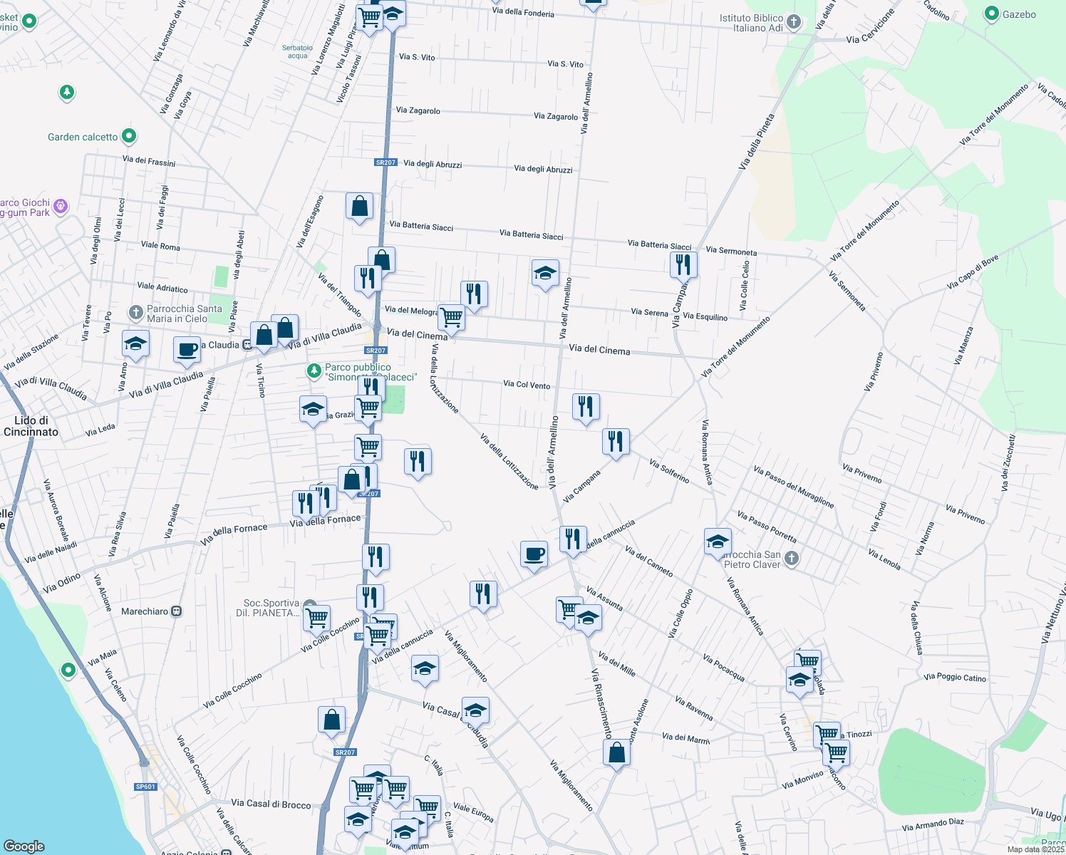 map of restaurants, bars, coffee shops, grocery stores, and more near 36B Via Poli in Anzio