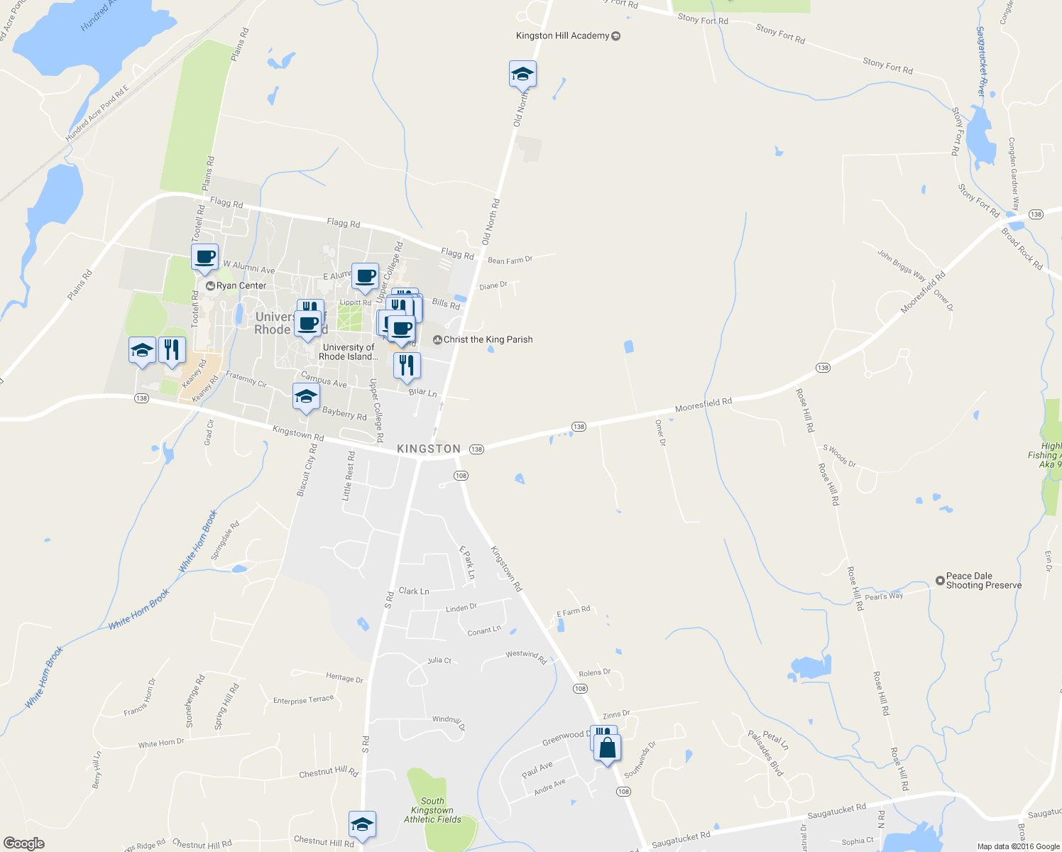 map of restaurants, bars, coffee shops, grocery stores, and more near 1747 Rhode Island 138 in South Kingstown