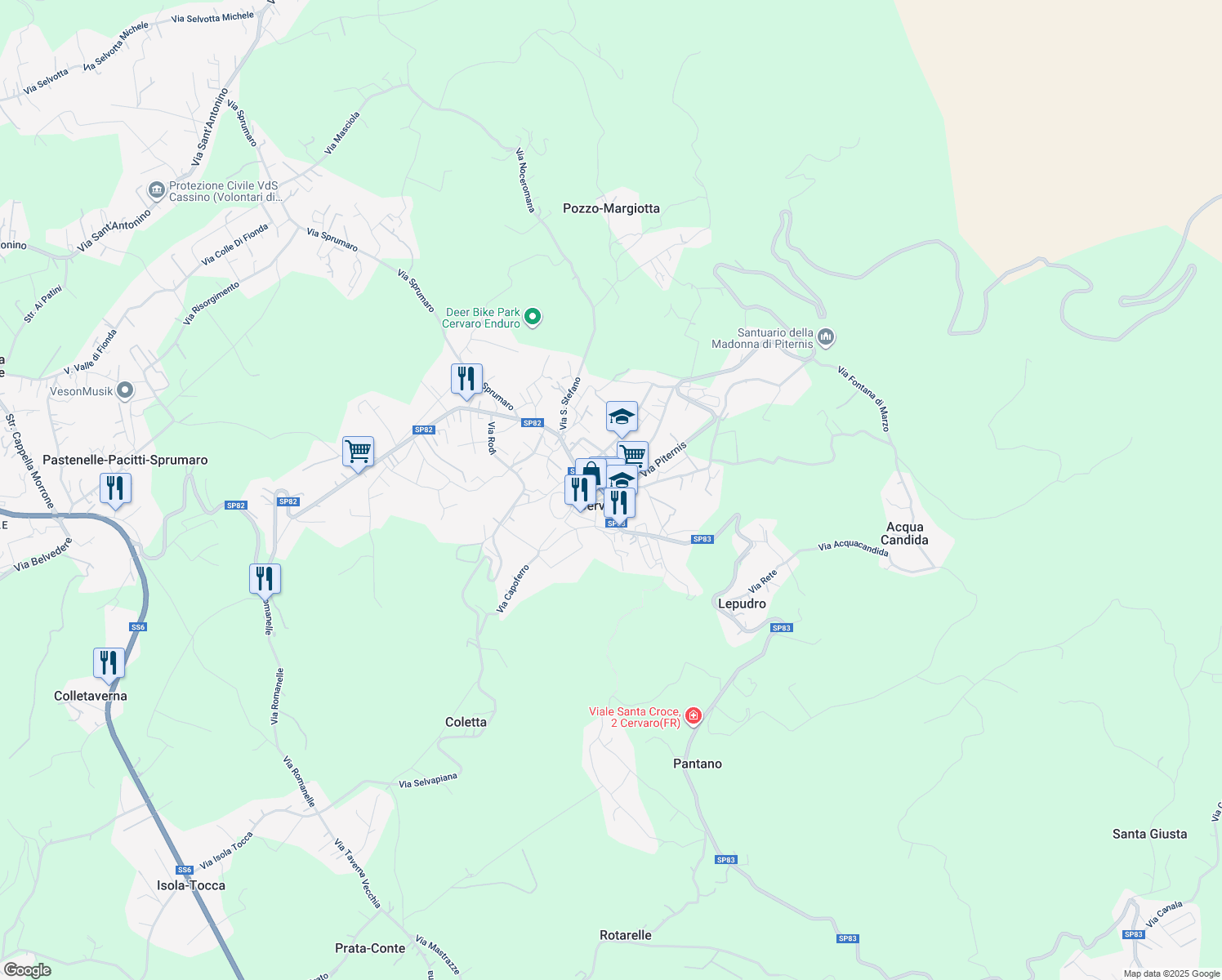 map of restaurants, bars, coffee shops, grocery stores, and more near 9A Piazza Casaburi in Cervaro