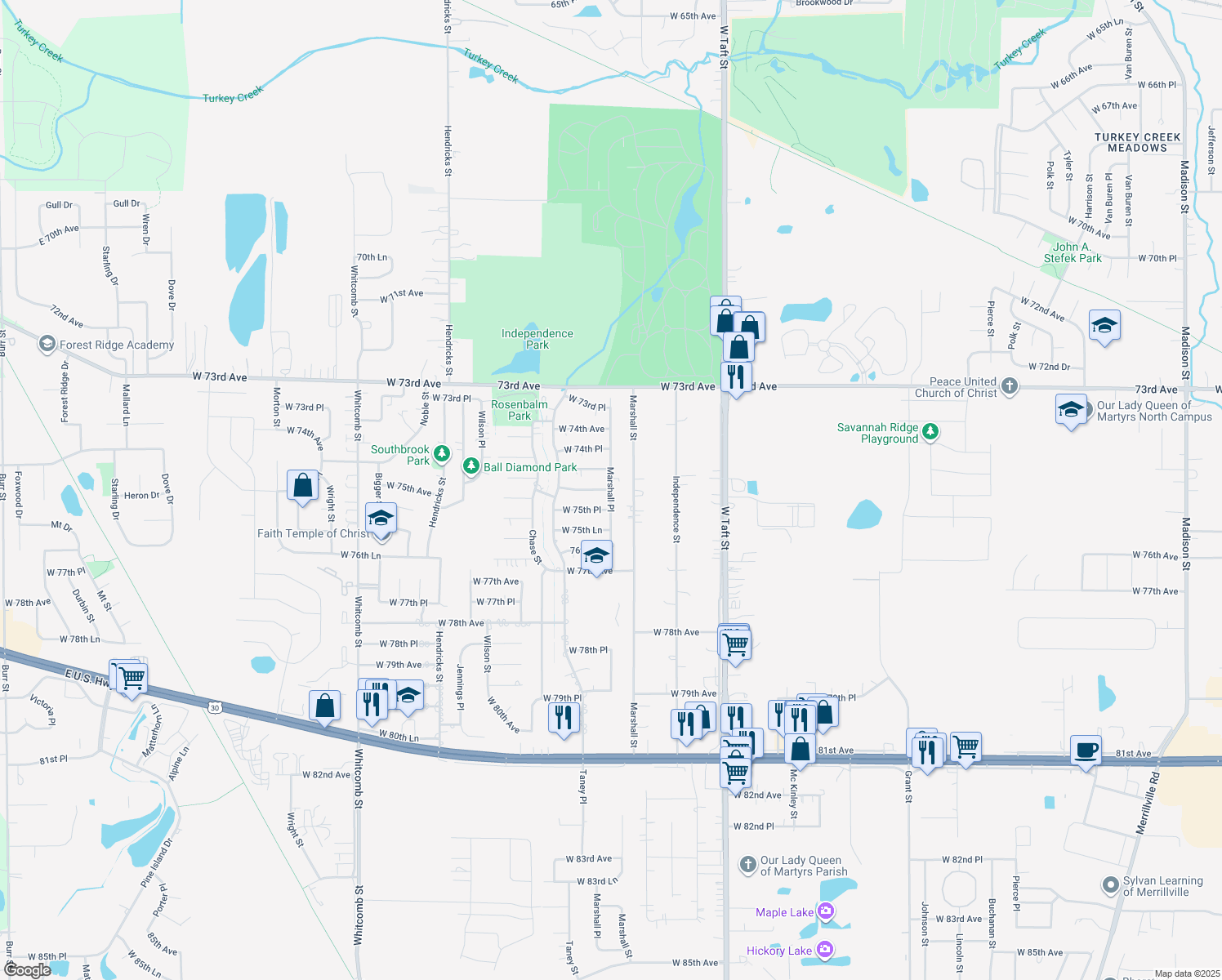 map of restaurants, bars, coffee shops, grocery stores, and more near West 75th Place in Merrillville