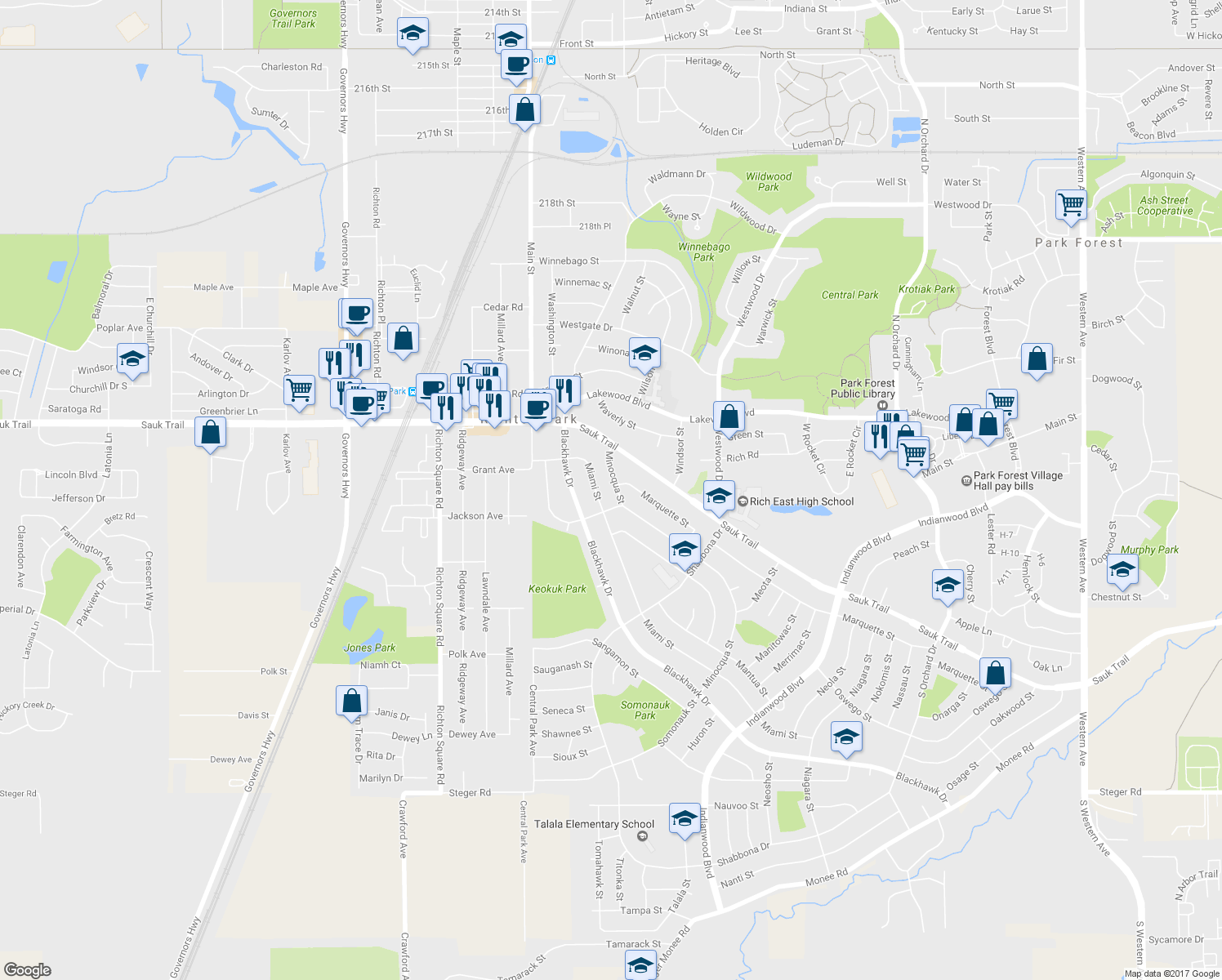 map of restaurants, bars, coffee shops, grocery stores, and more near 347 Minocqua Street in Park Forest
