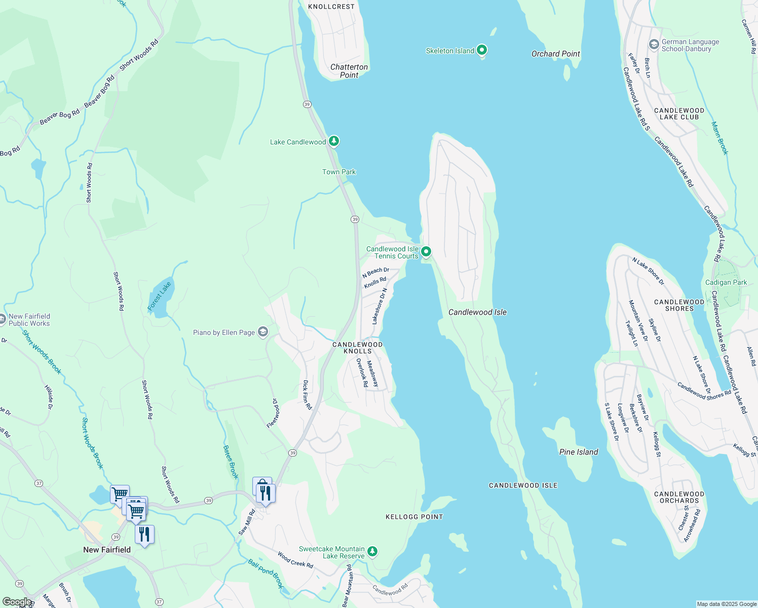 map of restaurants, bars, coffee shops, grocery stores, and more near 19 Lakeshore Drive North in New Fairfield