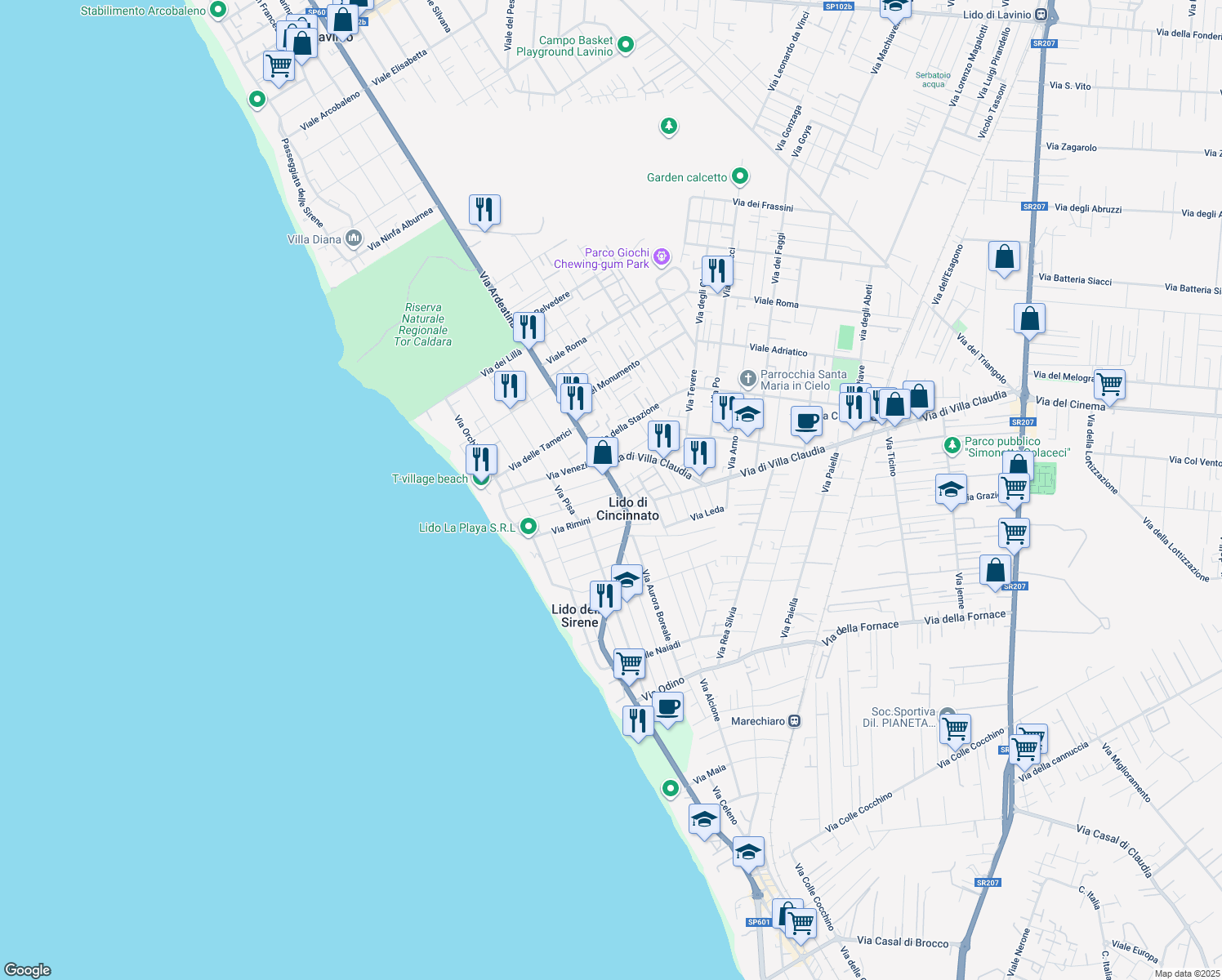 map of restaurants, bars, coffee shops, grocery stores, and more near Via Ardeatina in Anzio