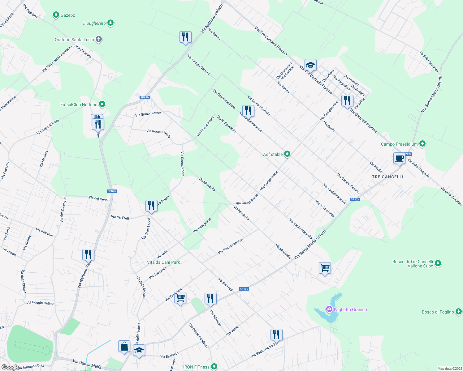 map of restaurants, bars, coffee shops, grocery stores, and more near 3 Via Mentana in Nettuno
