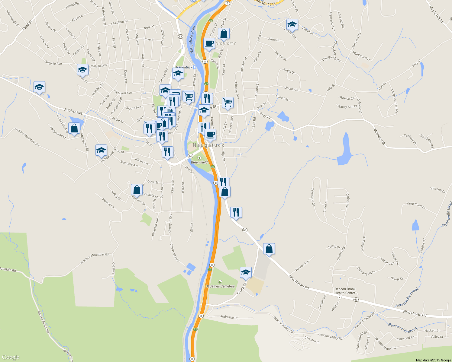 map of restaurants, bars, coffee shops, grocery stores, and more near 2-136 High Street in Naugatuck