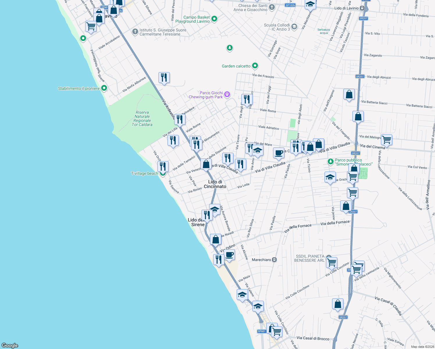 map of restaurants, bars, coffee shops, grocery stores, and more near 18 Via Tirelli in Anzio