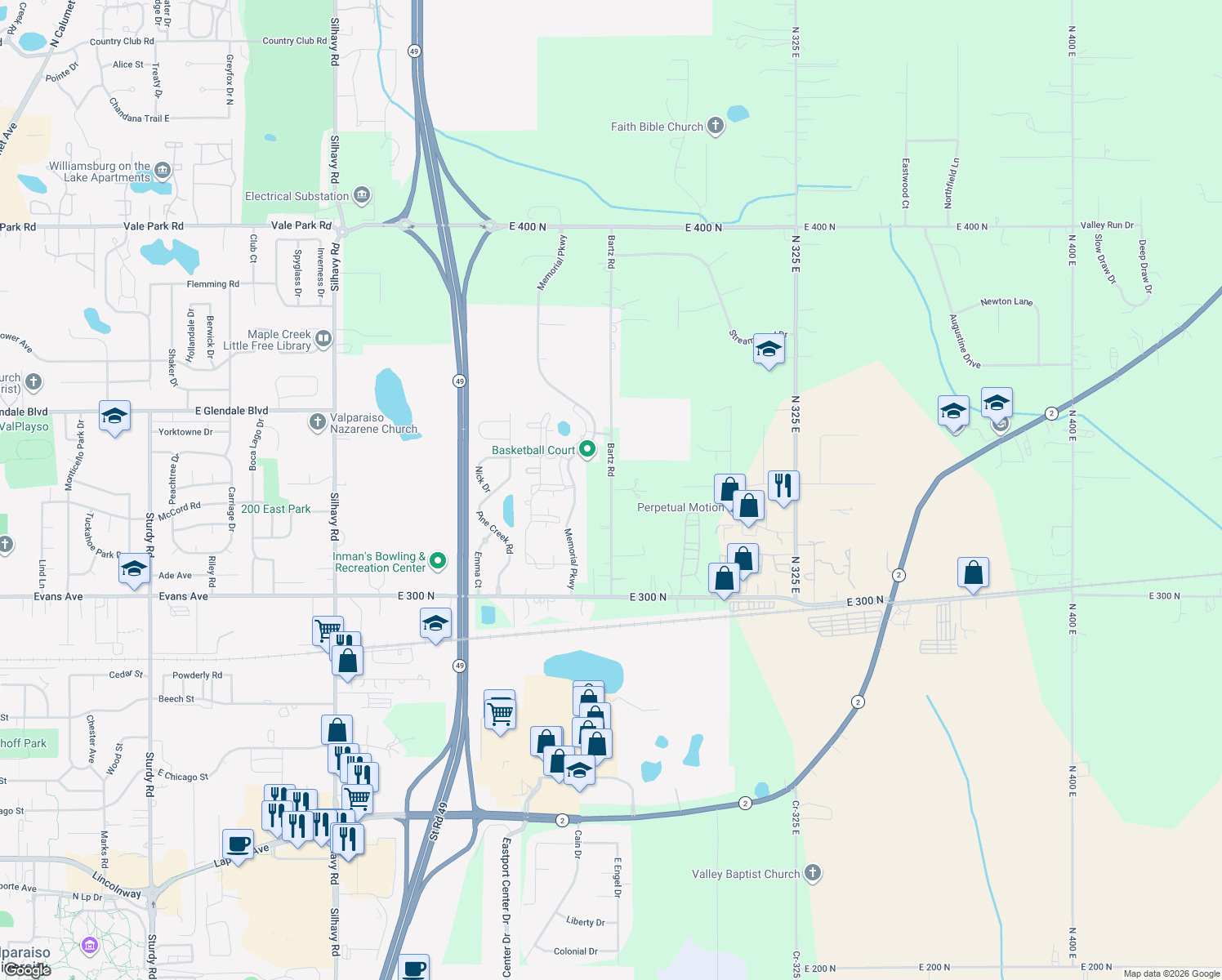 map of restaurants, bars, coffee shops, grocery stores, and more near 1266 Bartz Rd in Valparaiso