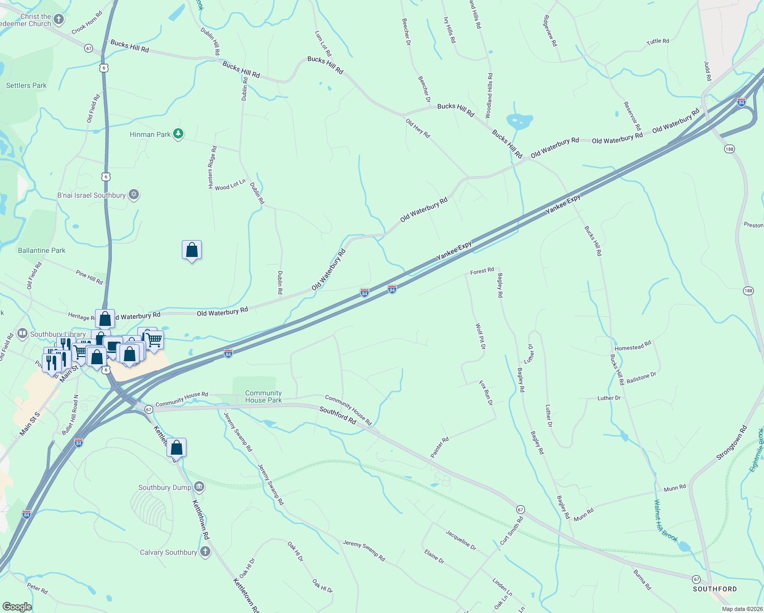 map of restaurants, bars, coffee shops, grocery stores, and more near 188 Forest Road in Southbury