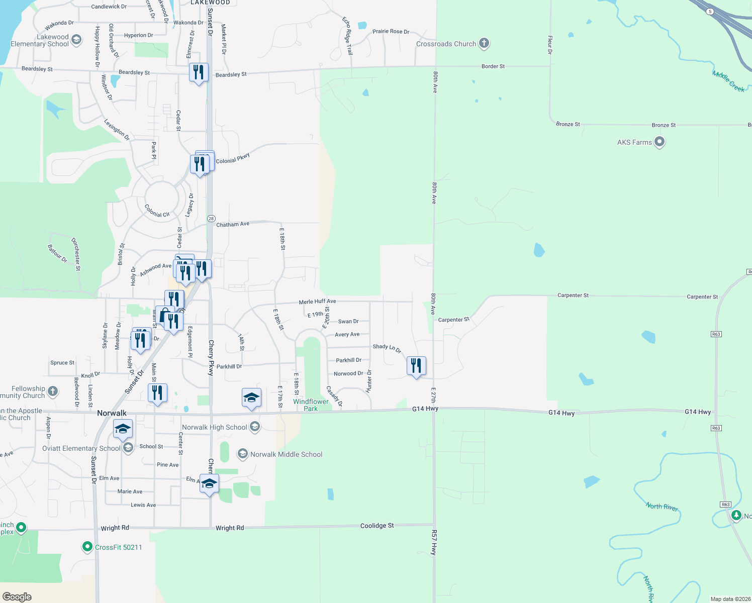 map of restaurants, bars, coffee shops, grocery stores, and more near 2513 Merle Huff Avenue in Norwalk