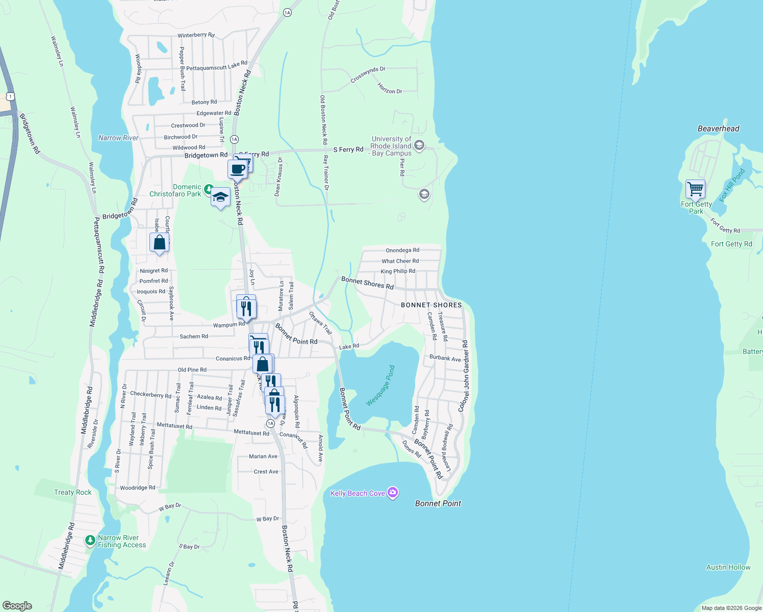 map of restaurants, bars, coffee shops, grocery stores, and more near 25 Maywood Road in Narragansett