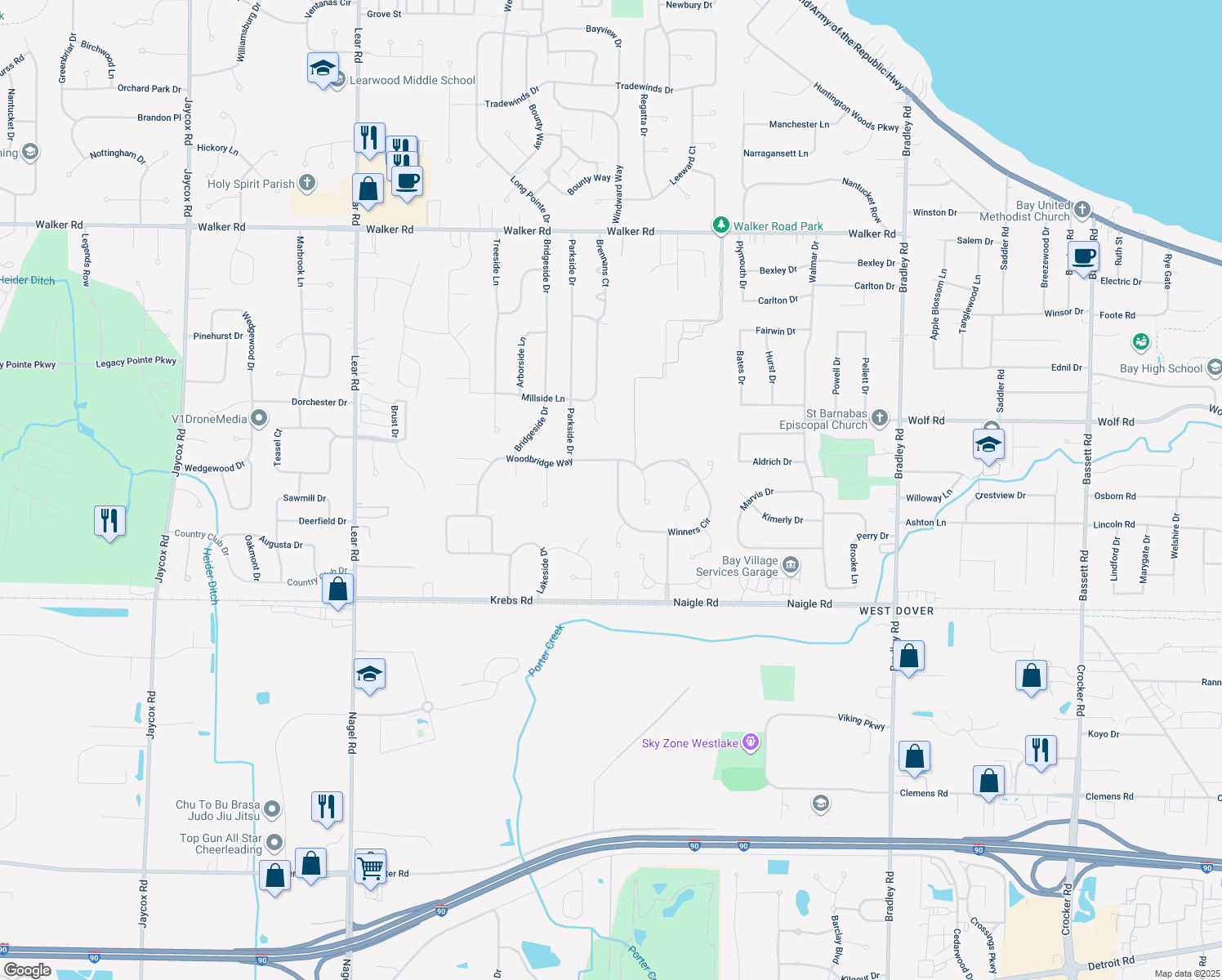 map of restaurants, bars, coffee shops, grocery stores, and more near 31657 Winners Cir in Avon Lake