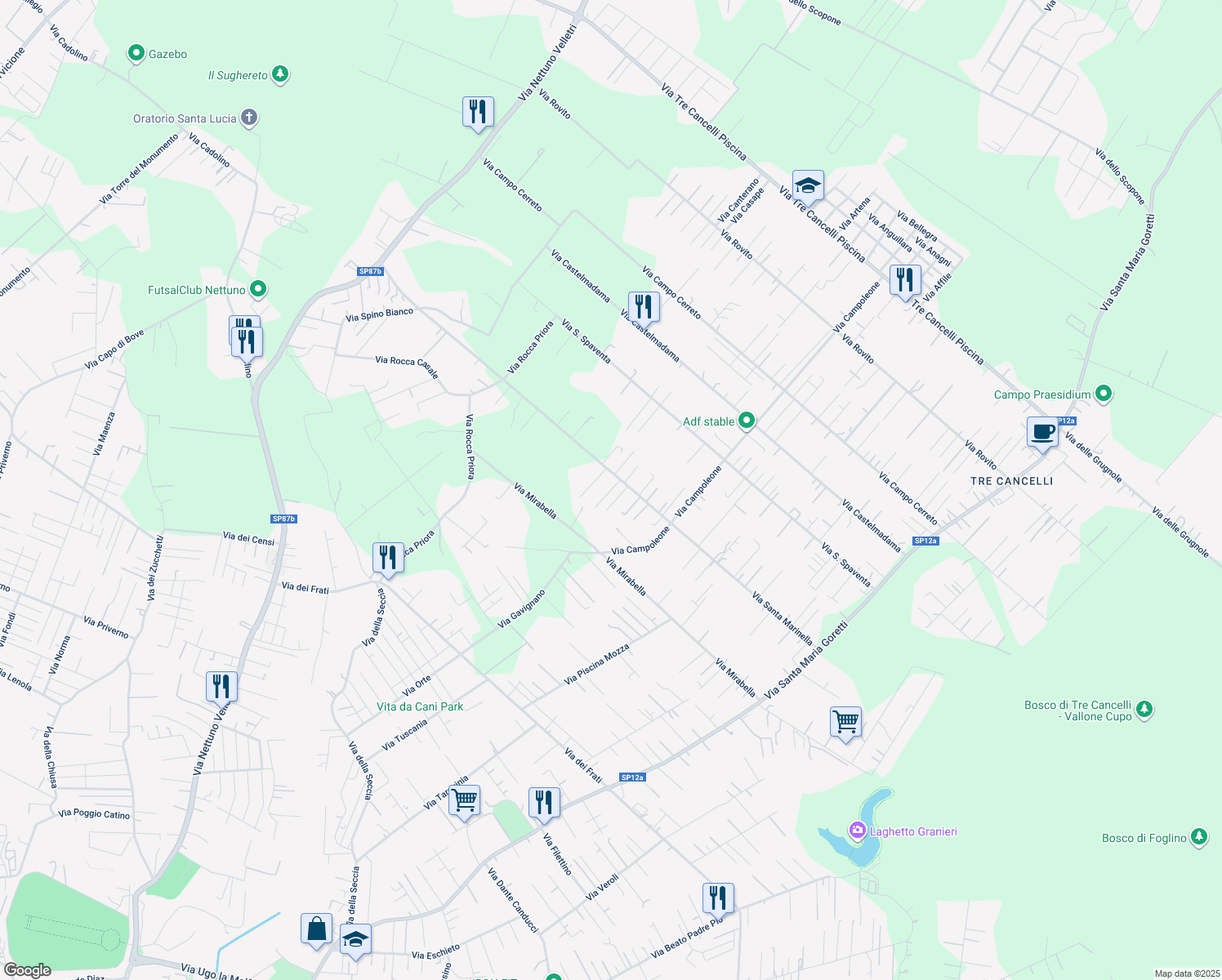 map of restaurants, bars, coffee shops, grocery stores, and more near 3 Via Mentana in Nettuno