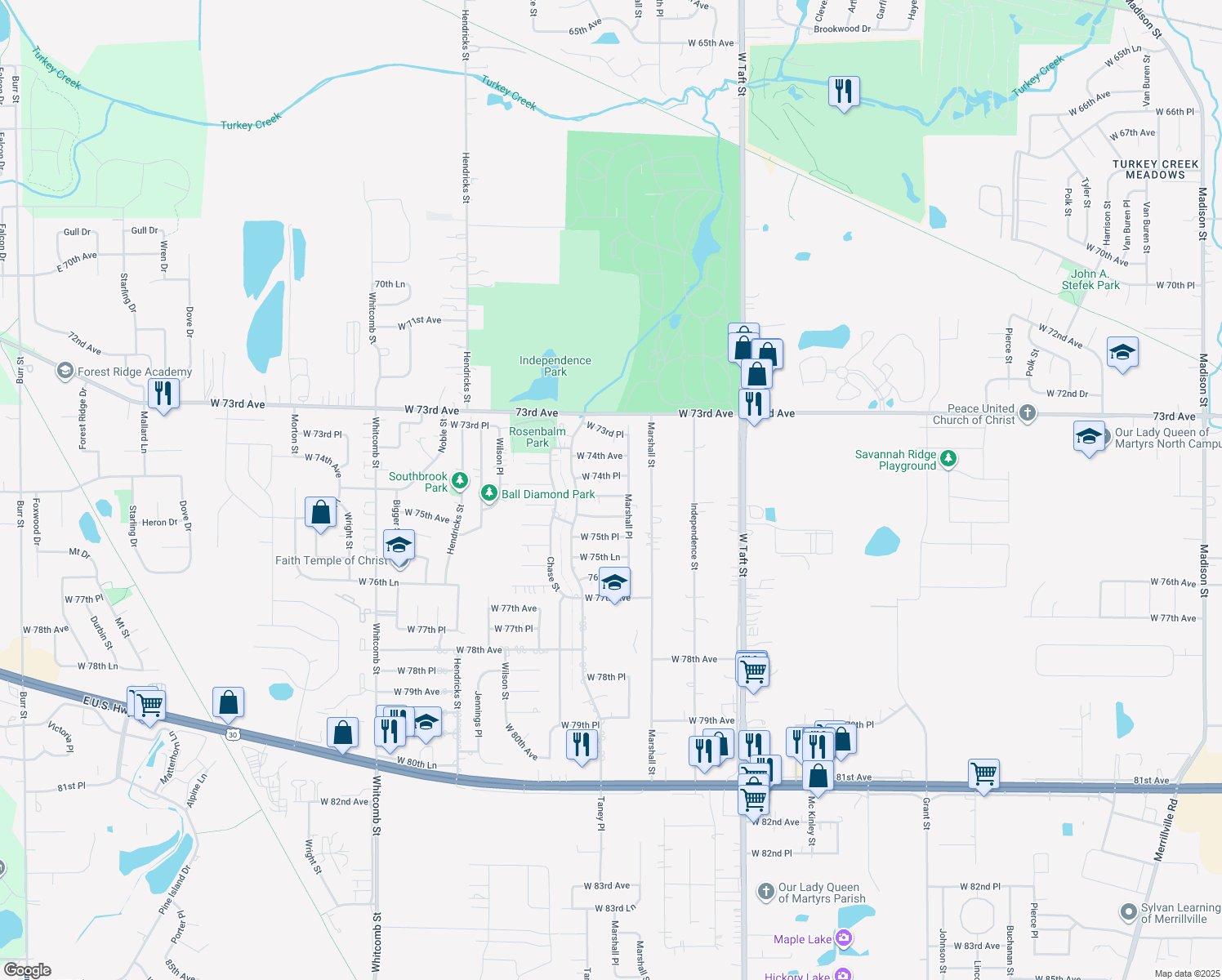 map of restaurants, bars, coffee shops, grocery stores, and more near 2920 W 74th Ln in Merrillville