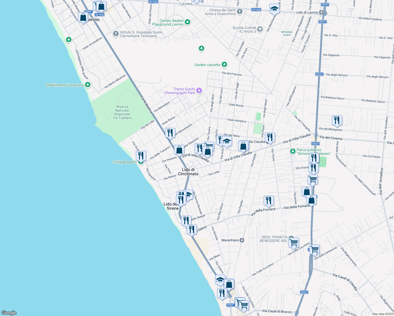 map of restaurants, bars, coffee shops, grocery stores, and more near 18B Viale Tirelli in Anzio