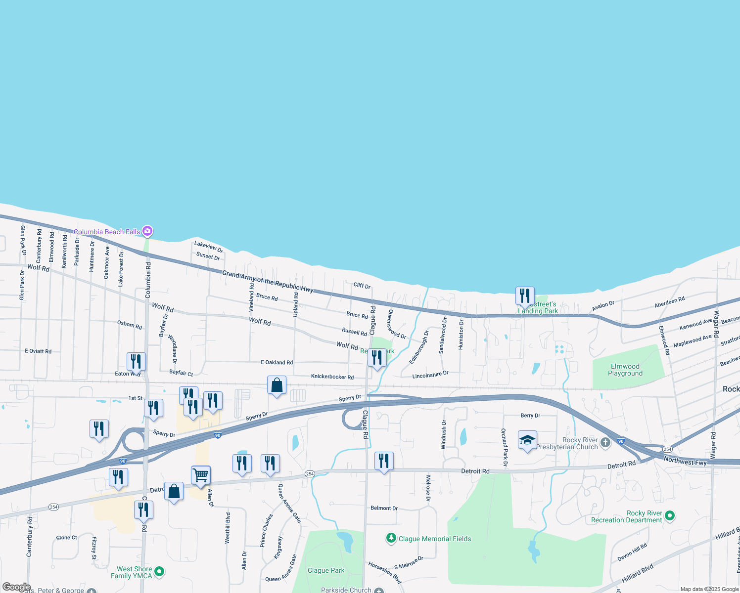 map of restaurants, bars, coffee shops, grocery stores, and more near 23706 Lake Road in Bay Village