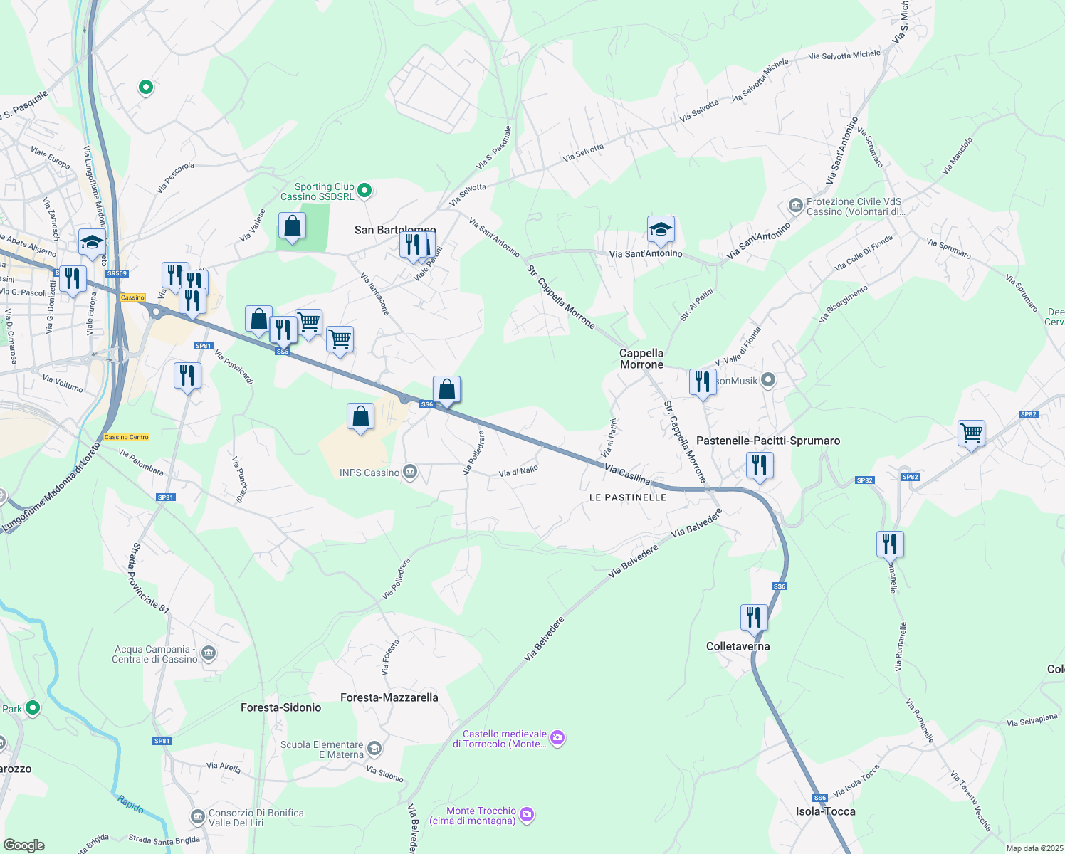 map of restaurants, bars, coffee shops, grocery stores, and more near 69 Via Casilina Sud in Cappella Morrone