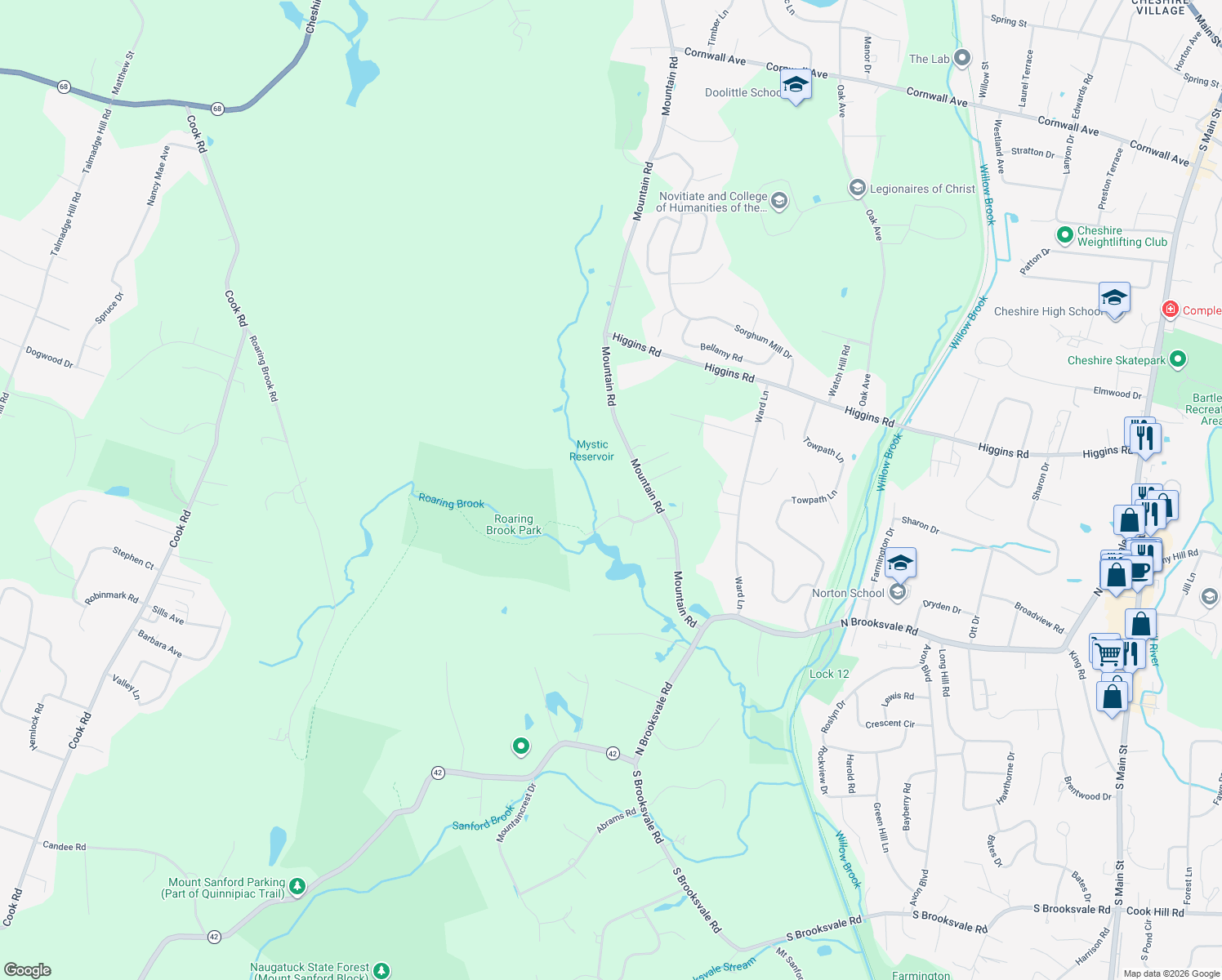 map of restaurants, bars, coffee shops, grocery stores, and more near 886 Maribou Court in Cheshire